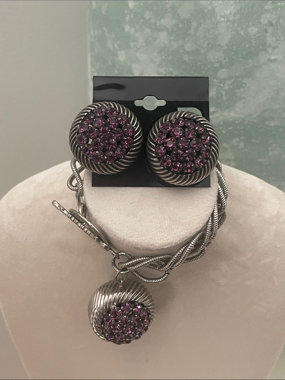 Vintage Napier Silver Chain Bracelet and clip earring with Purple Charm